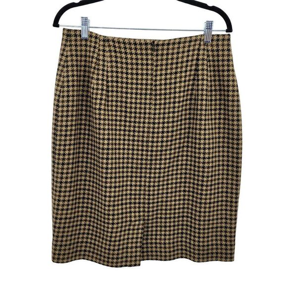 Vintage 80's Skirt Wool Tea Length Straight Houndstooth Plaid Academia Tan M - Picture 3 of 11